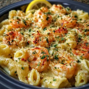 Creamy baked shrimp pasta with lemon garlic sauce in a casserole dish