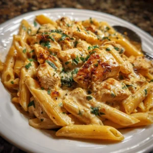 Creamy Cajun chicken penne pasta dish garnished with herbs