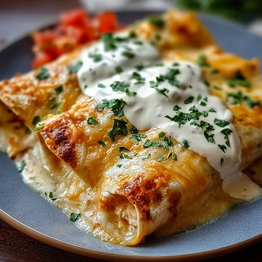 Delicious creamy chicken enchiladas with sour cream white sauce