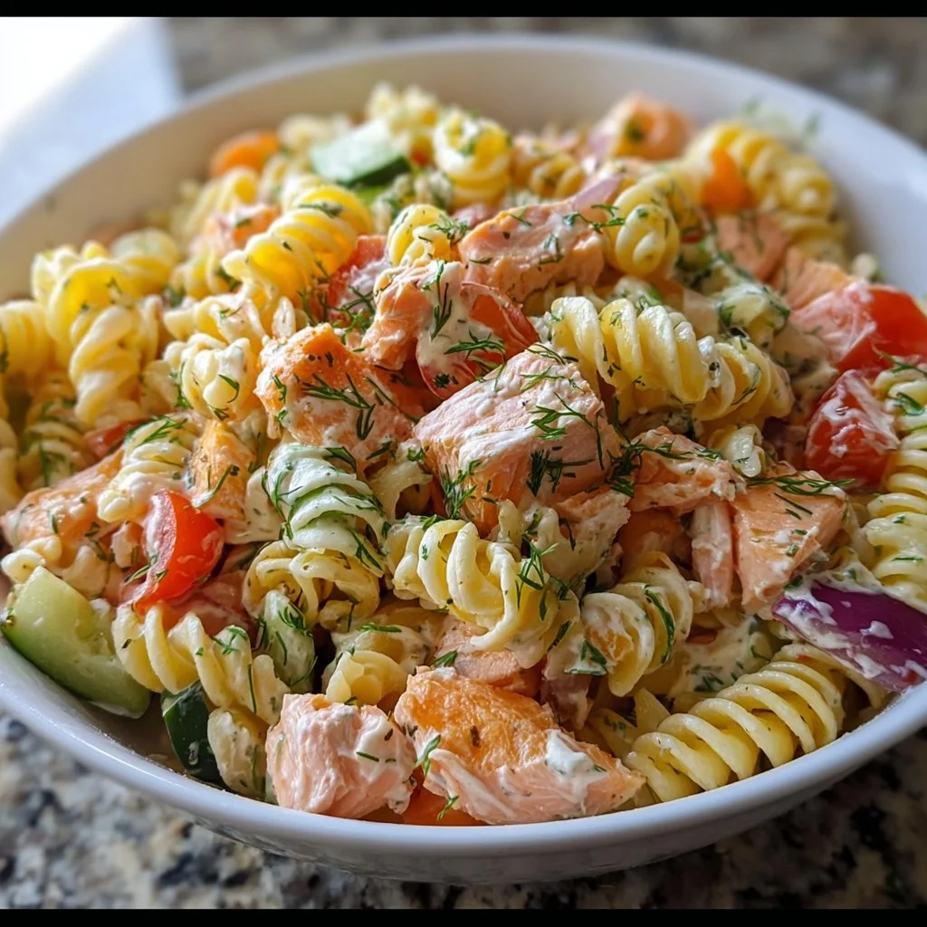 Creamy cold salmon pasta salad served in a summer bowl