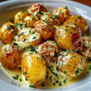 Creamy garlic baby potatoes served in a bowl with herbs