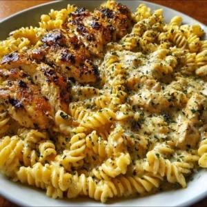 Creamy garlic butter chicken with rotini in Parmesan sauce