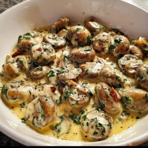 Creamy garlic butter Tuscan mushrooms in a skillet