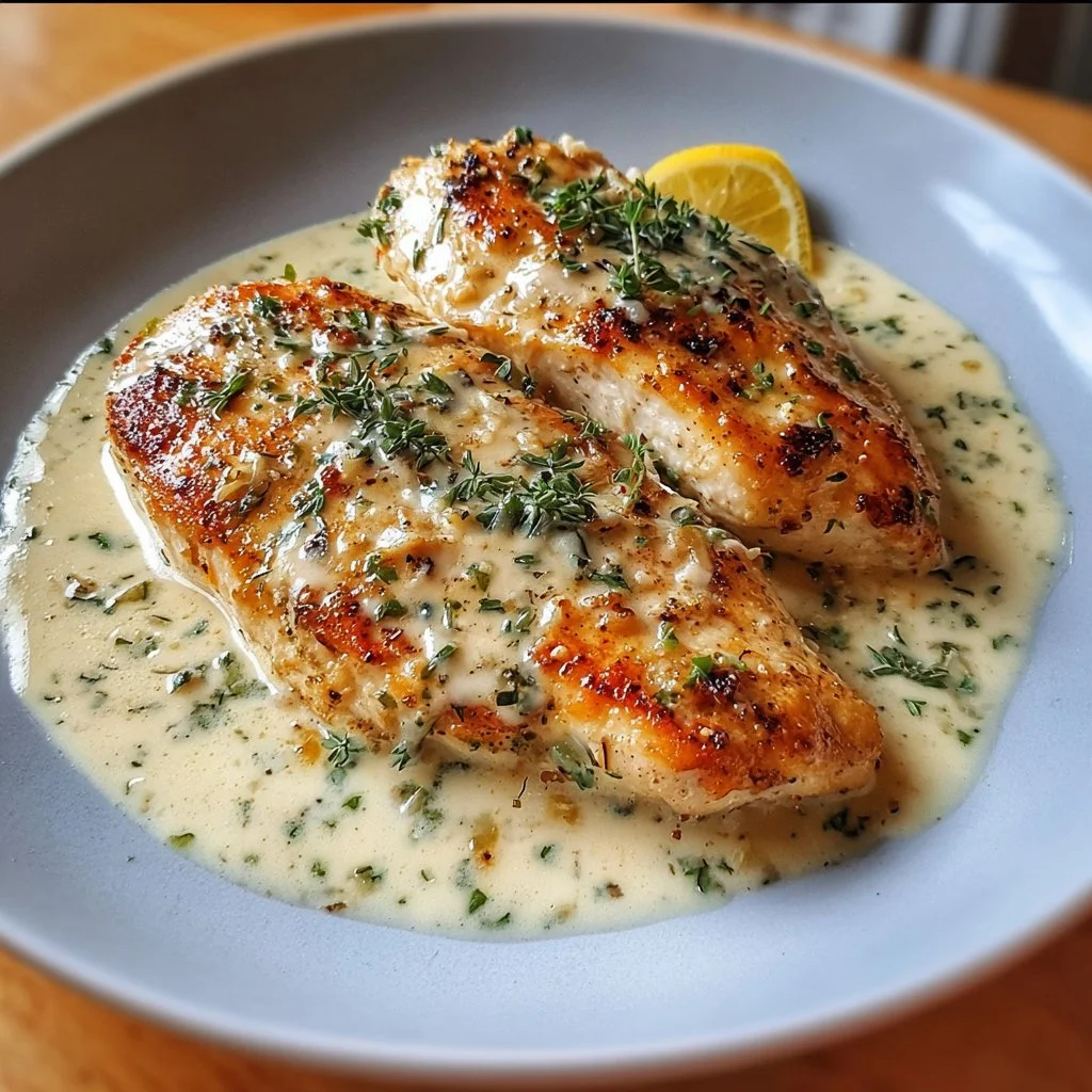 Creamy garlic chicken breasts, a delicious and flavorful dinner dish.