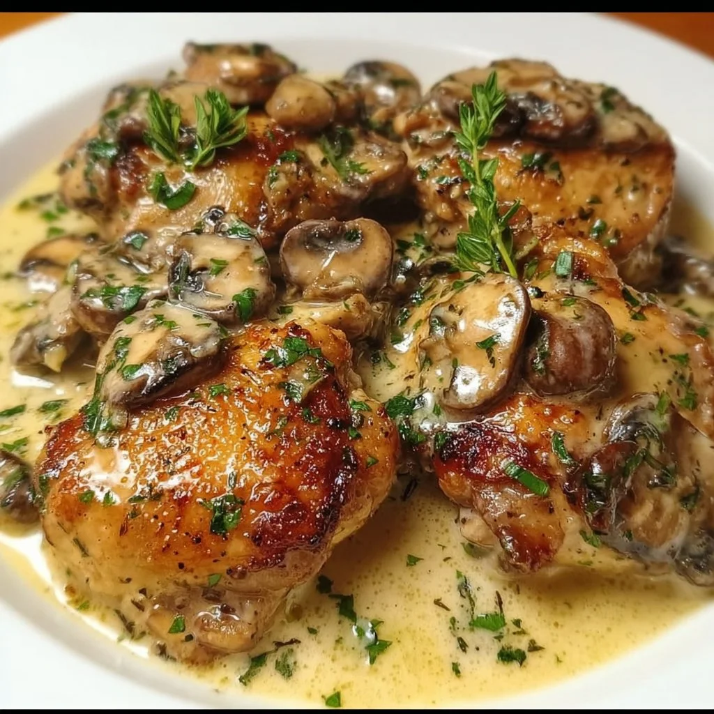 Creamy garlic mushroom chicken thighs served on a plate with herbs