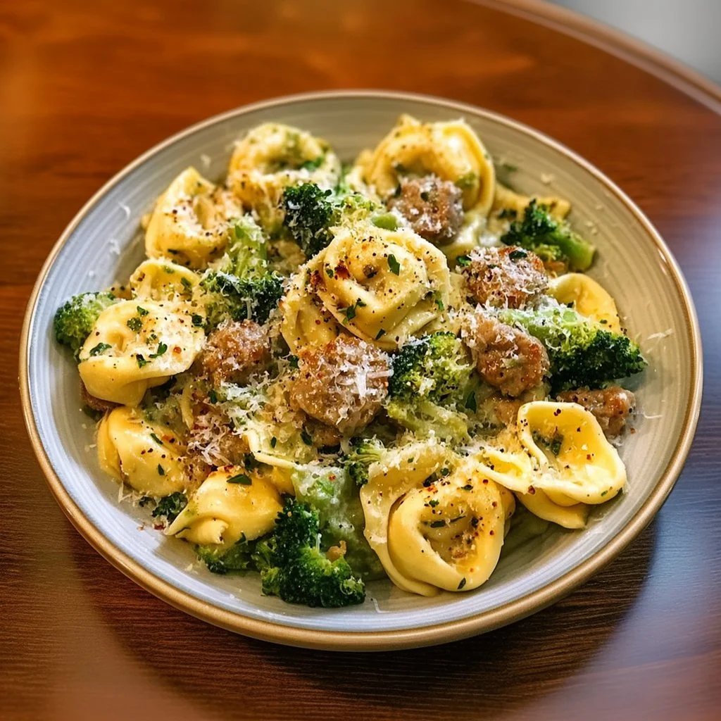 Creamy Garlic Parmesan Tortellini with Sausage and Broccoli in a bowl