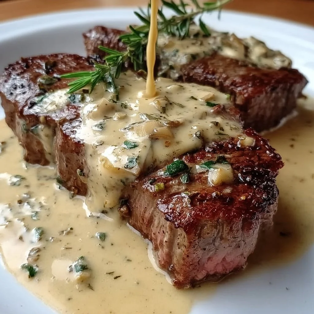 Creamy Garlic Sauce Steak served on a plate with herbs and spices.