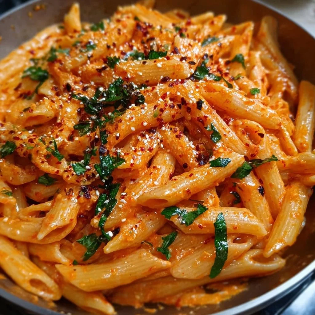 Creamy Gochujang Pasta dish with vibrant ingredients and a rich sauce.
