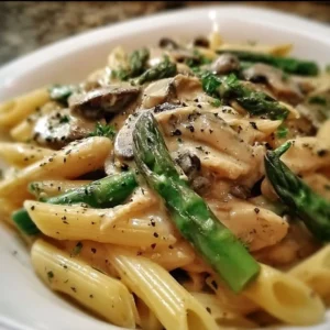 Creamy Mushroom Chicken Penne with Asparagus dish served in a bowl