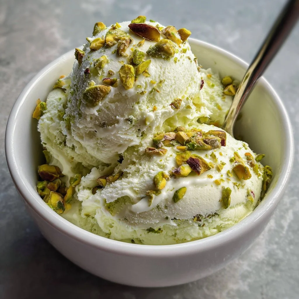 Creamy pistachio cottage cheese ice cream in a bowl garnished with pistachios