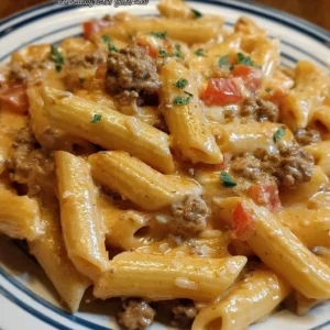 Creamy Rotel pasta topped with ground beef in a delicious skillet dish
