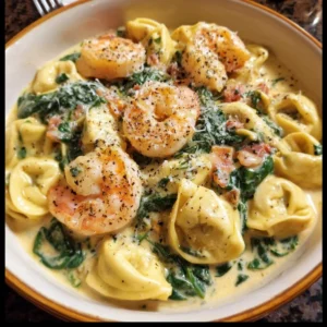 Creamy shrimp and spinach tortellini served in a white bowl