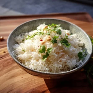 Bowl of creamy Thai coconut rice garnished with fresh herbs