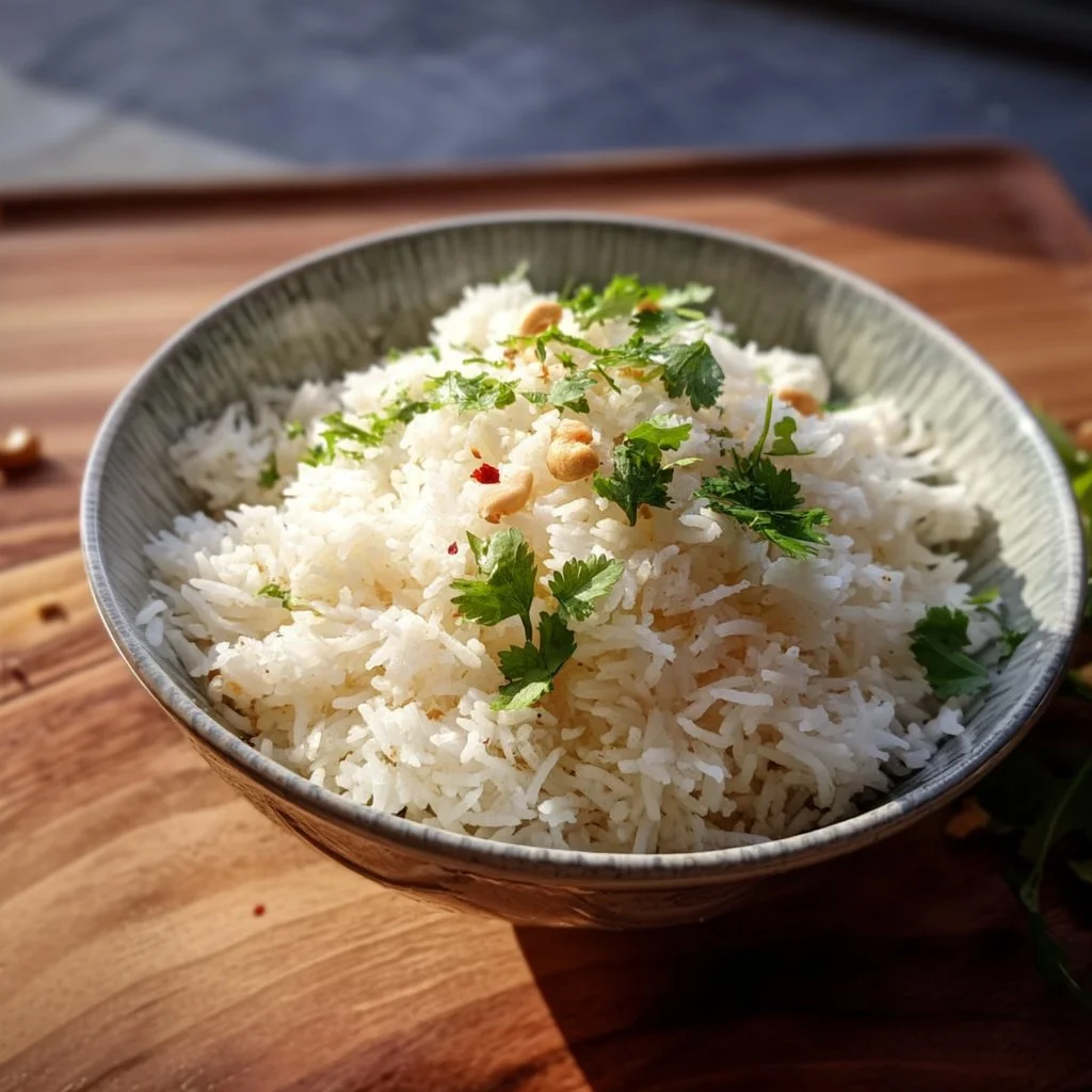 Bowl of creamy Thai coconut rice garnished with fresh herbs
