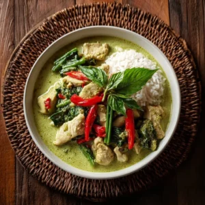 Bowl of creamy Thai green chicken curry garnished with fresh herbs