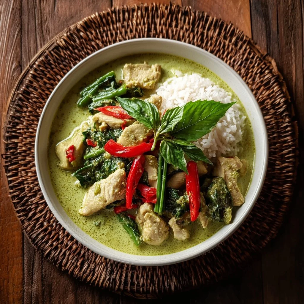 Bowl of creamy Thai green chicken curry garnished with fresh herbs