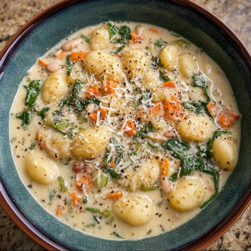 Creamy vegetarian gnocchi soup in a bowl, garnished with herbs.