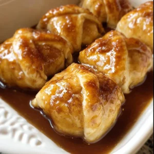 Crescent roll apple dumplings topped with brown sugar syrup on a plate