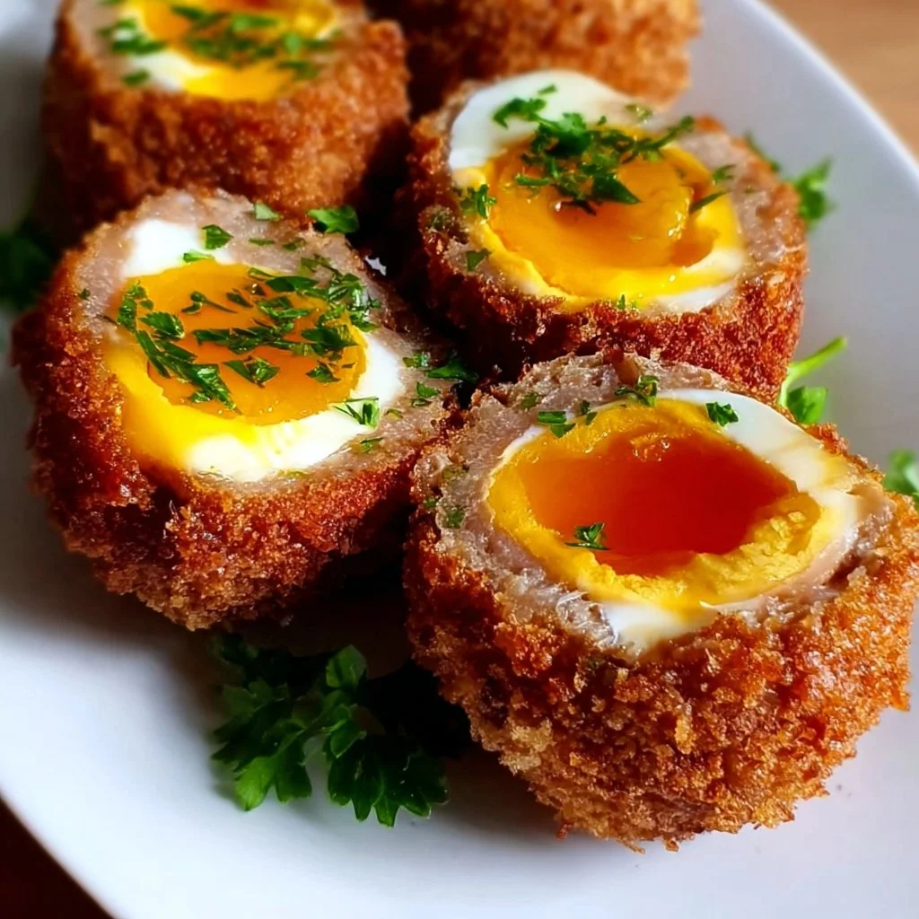 Crispy air fryer Scotch eggs ready to be enjoyed as a delicious snack.