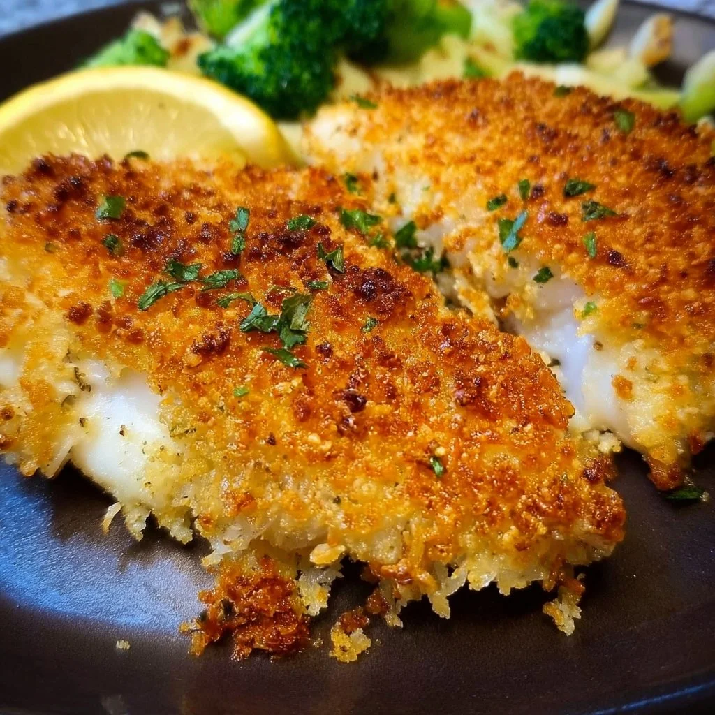 Plate of crispy baked fish garnished with herbs and lemon