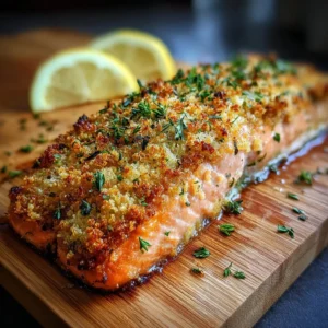 Crispy baked salmon fillet garnished with herbs and lemon slices