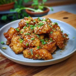 Crispy Chinese Honey Garlic Chicken served with vegetables and garnished