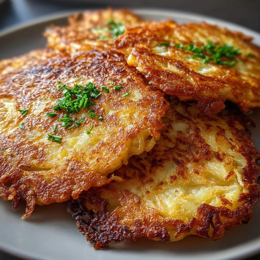 Golden crispy potato pancakes served on a plate with sour cream.