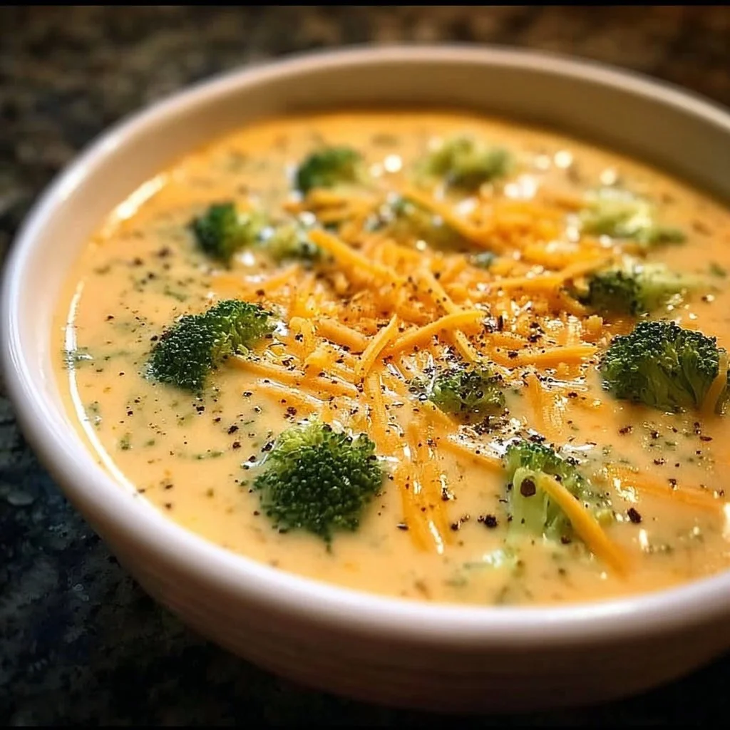 A delicious bowl of crock pot broccoli cheese soup topped with cheese and herbs.