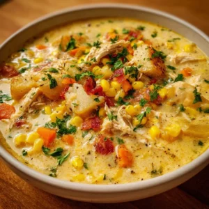 Delicious Crockpot Chicken Corn Chowder served in a bowl with fresh herbs