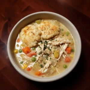 Crockpot Chicken Pot Pie Soup with vegetables and chicken in a creamy broth
