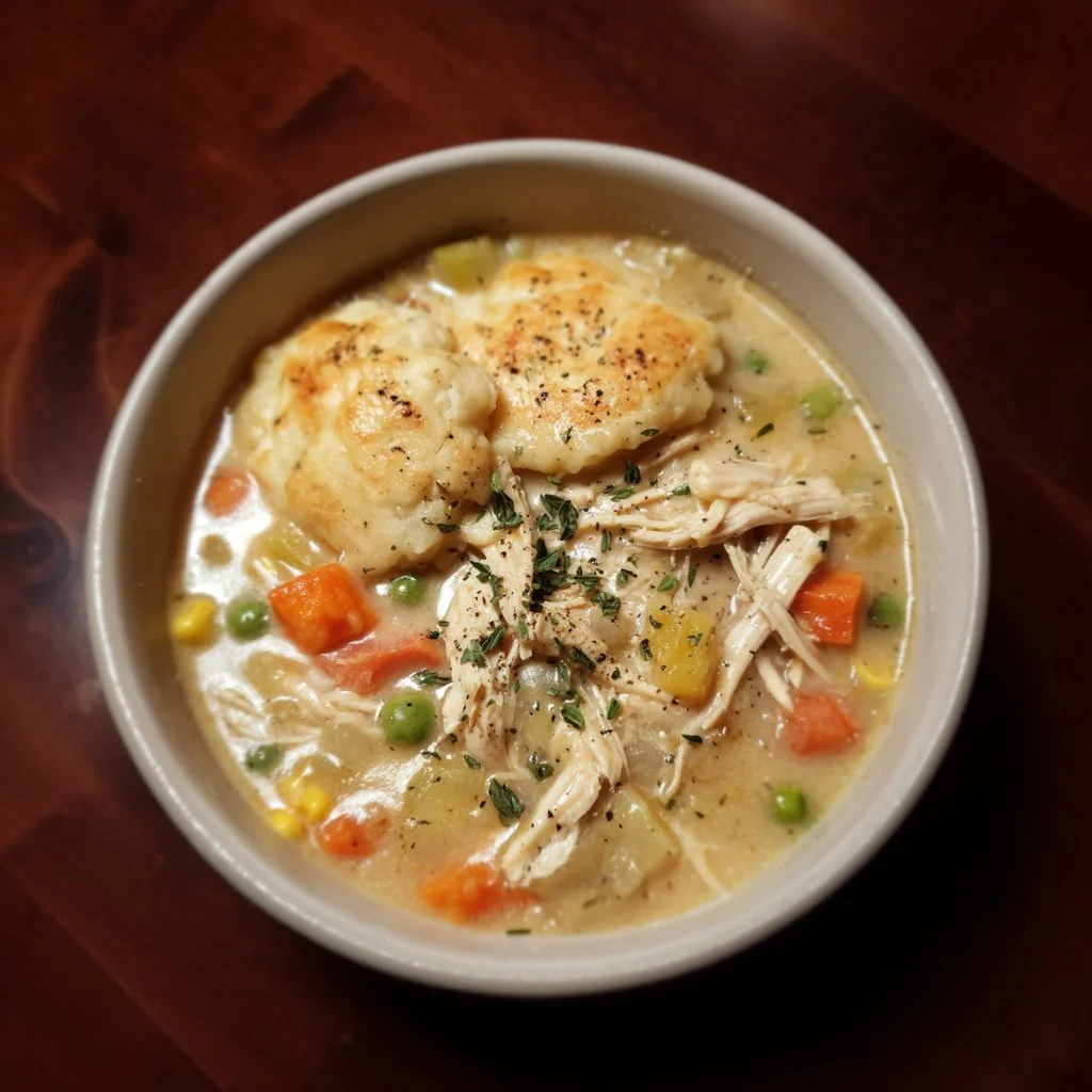 Crockpot Chicken Pot Pie Soup with vegetables and chicken in a creamy broth
