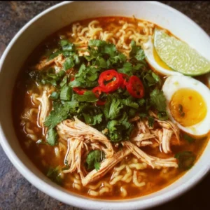 Bowl of flavorful Crockpot Chicken Ramen garnished with green onions and egg.