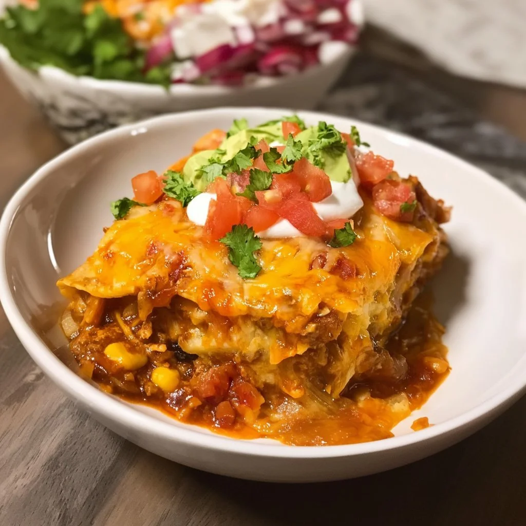 Delicious Crockpot Enchilada Casserole served with toppings