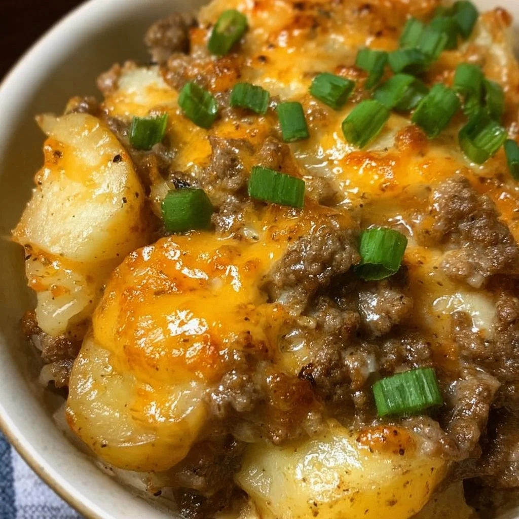 Crockpot Hamburger Potato Casserole served in a dish with layers of meat and potatoes.