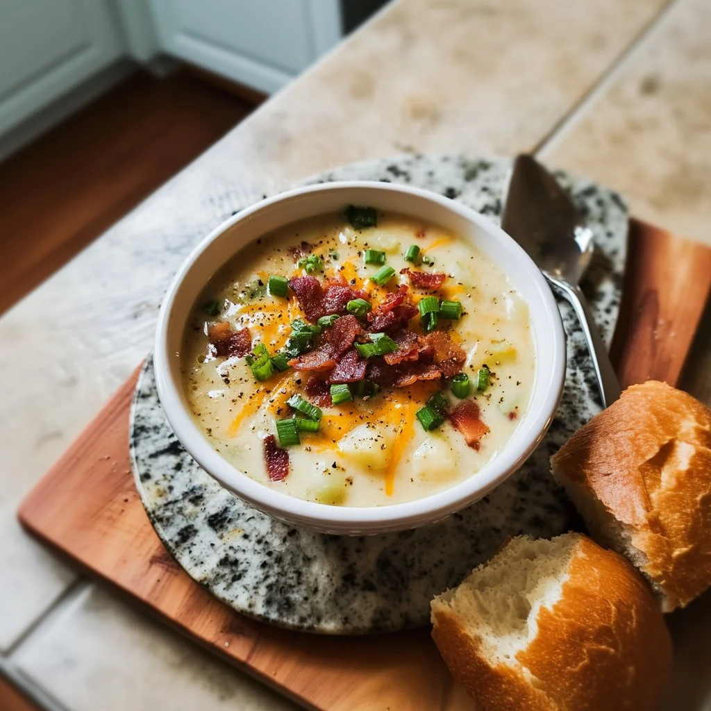 Bowl of creamy Crockpot Potato Soup garnished with chives and cheese