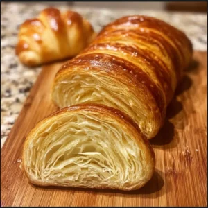 Freshly baked croissant bread showcasing its golden, flaky texture