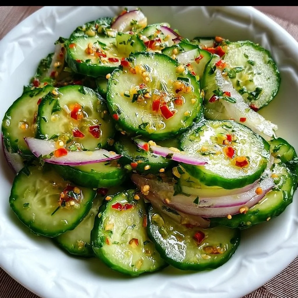 Crunchy cucumber salad with fresh vegetables and dressing in a bowl