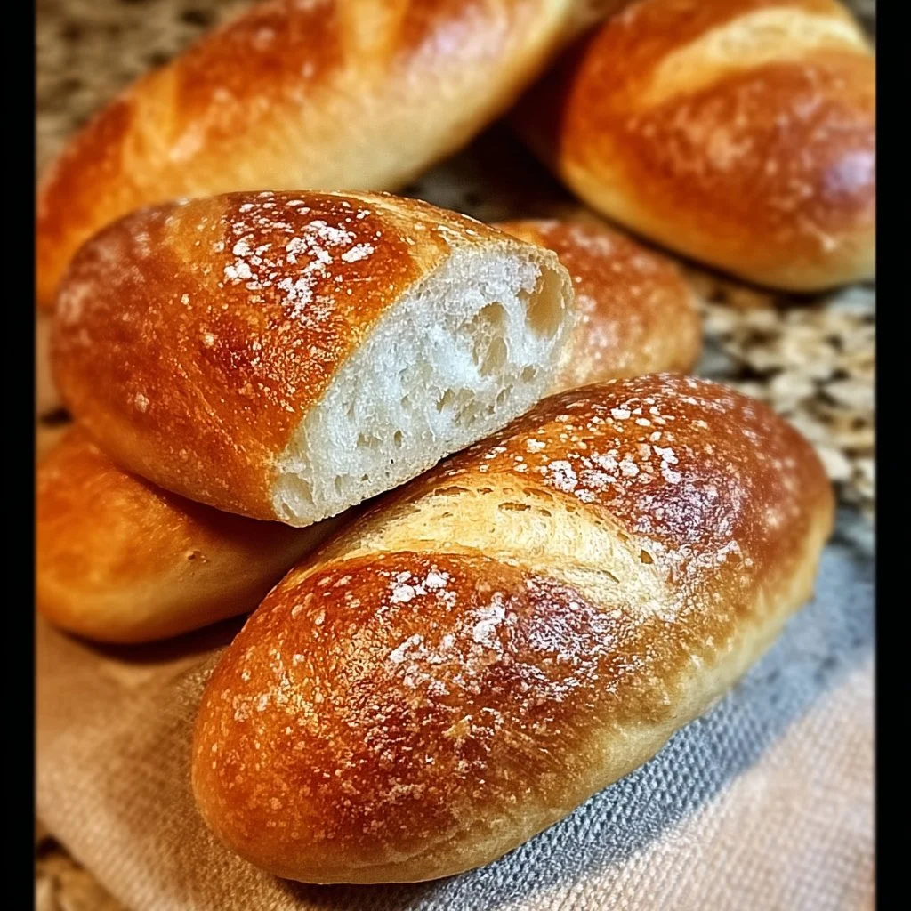 Freshly baked crusty chewy French bread rolls on a wooden board