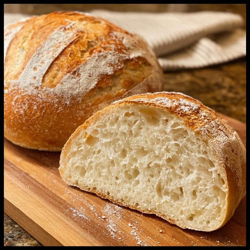 Homemade crusty Italian bread loaf on a wooden cutting board