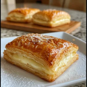 Homemade custard almond puff pastry pockets with almond filling