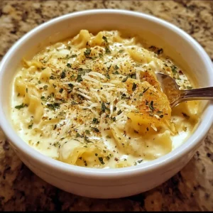 Bowl of decadent creamy Alfredo lasagna soup topped with herbs