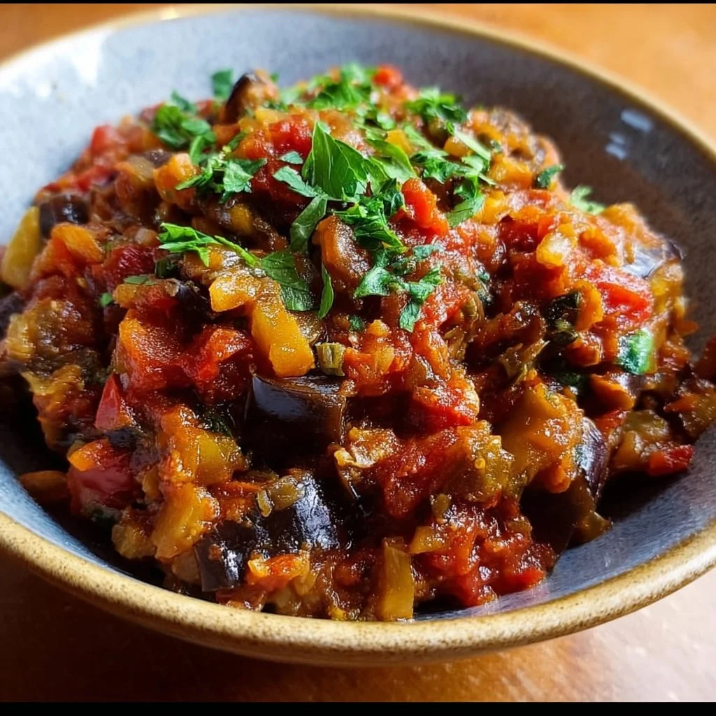 Delectable eggplant caponata dish served at a gathering