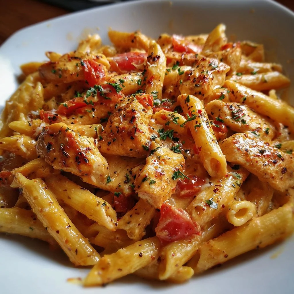 Delicious creamy chicken pasta dish with tomatoes served on a plate