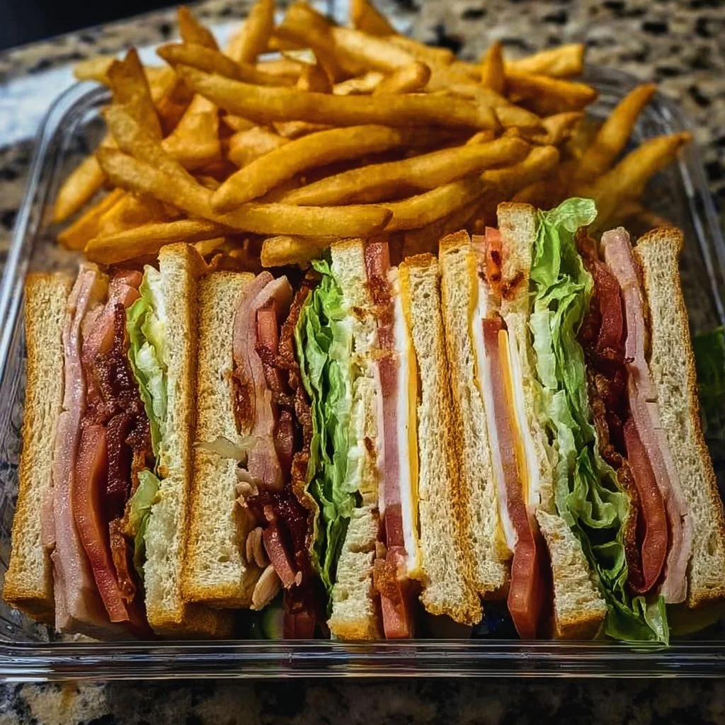 Deluxe club sandwich served with crispy fries on a plate