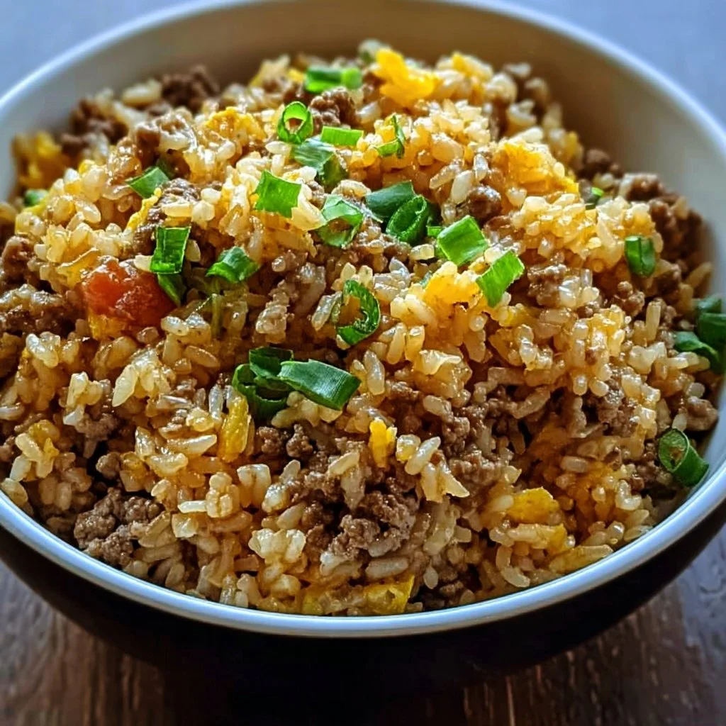 Plate of dirty rice with ground beef garnished with green onions