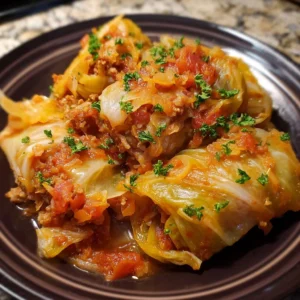 Plate of slow cooker unstuffed cabbage rolls garnished with herbs.