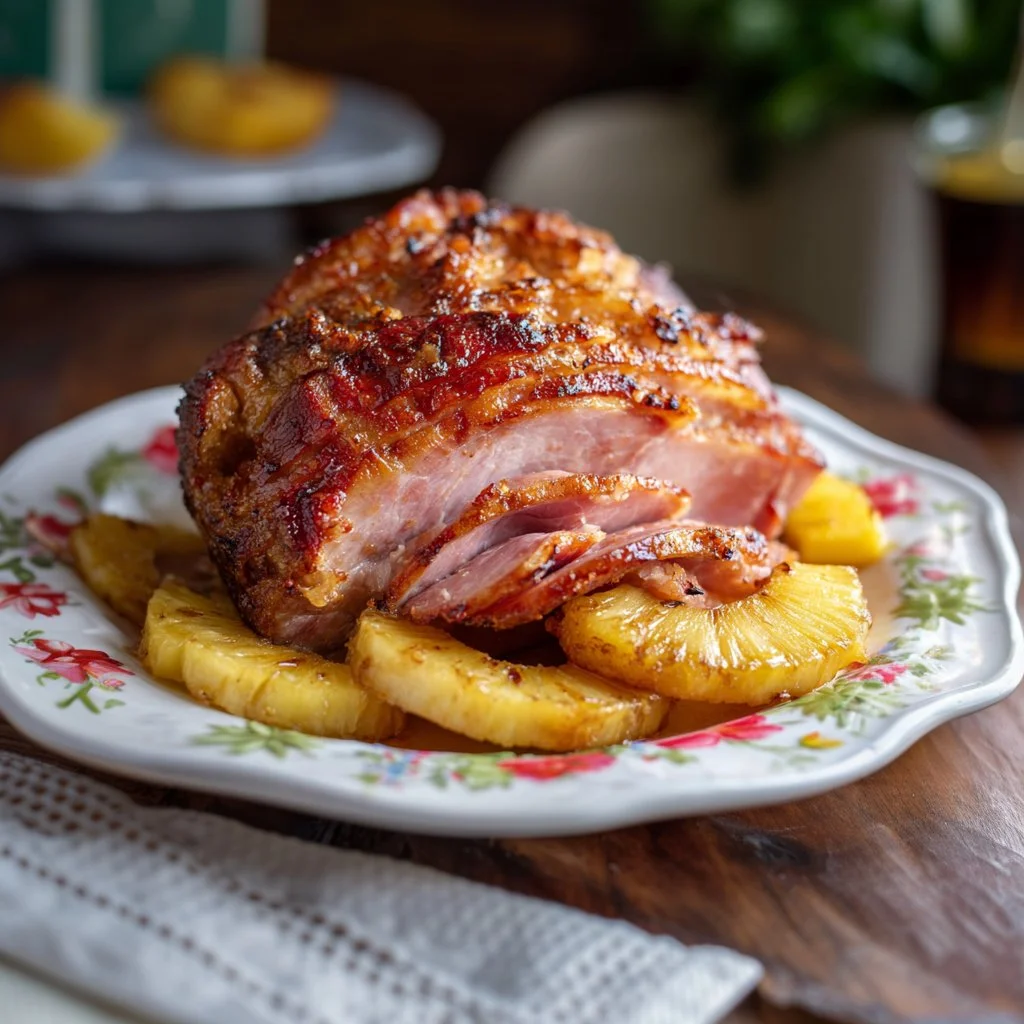 Easter Crockpot Ham with Pineapple served on a festive plate