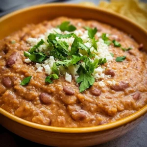 Bowl of easy authentic refried beans garnished with cilantro.