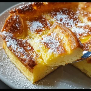 Fluffy Easy Baked German Pancake served with fresh fruit and syrup.