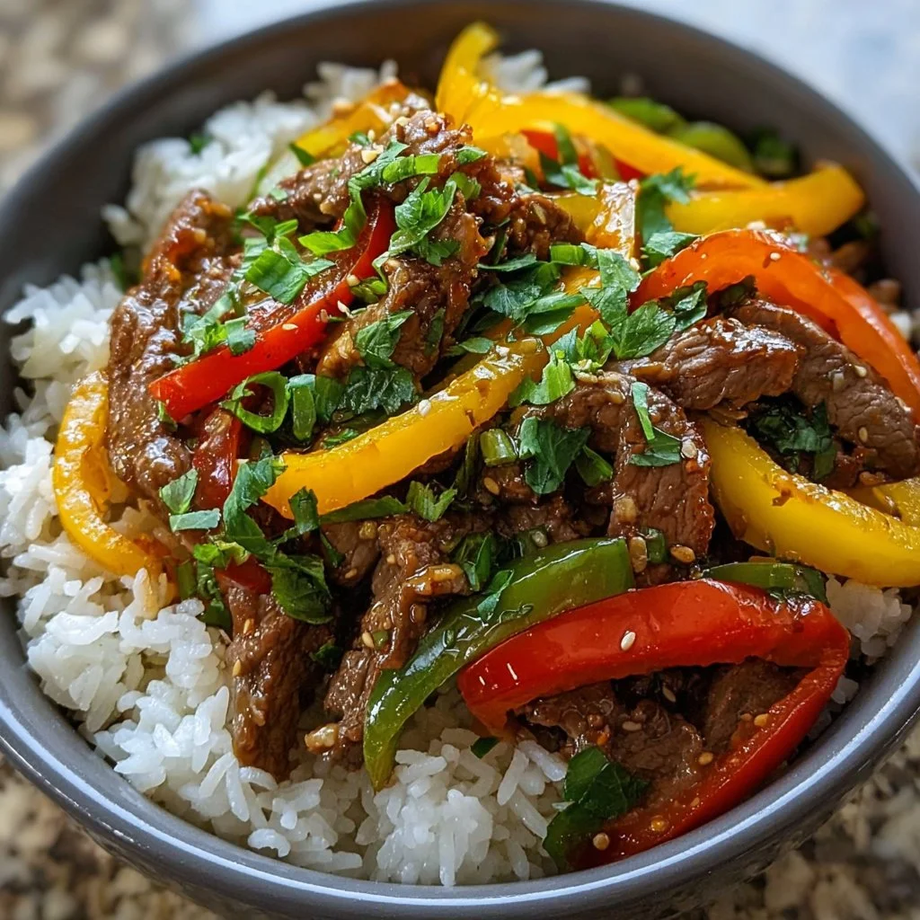 Easy beef and pepper bowls served over steamed rice for a quick meal.
